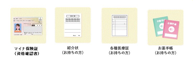 マイナ保険証・紹介状（お持ちの方）・各種医療症（お持ちの方）・お薬手帳（お持ちの方）